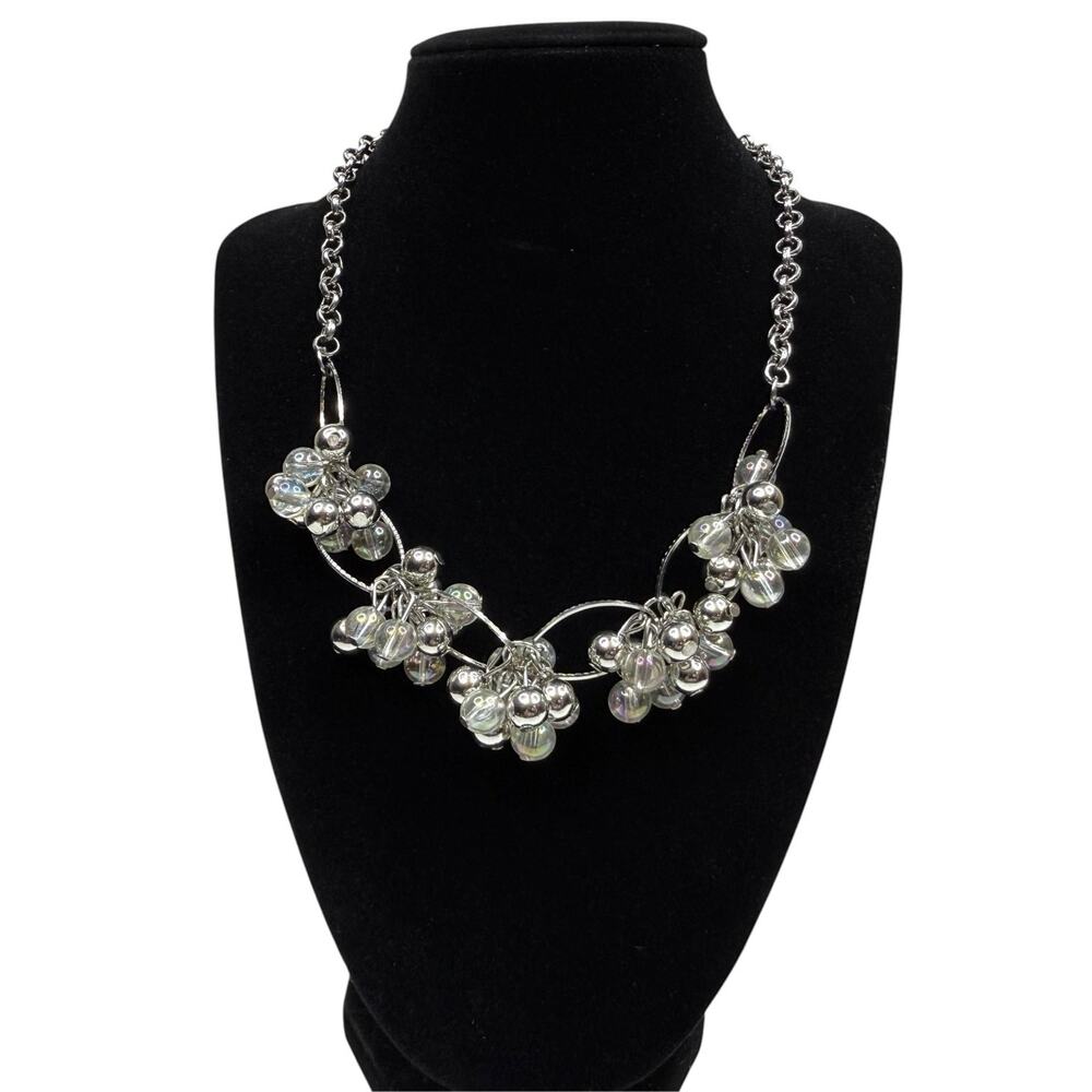 Silver Tone Clear Iridescent Acrylic Beaded Cluster Statement Necklace 16 in L